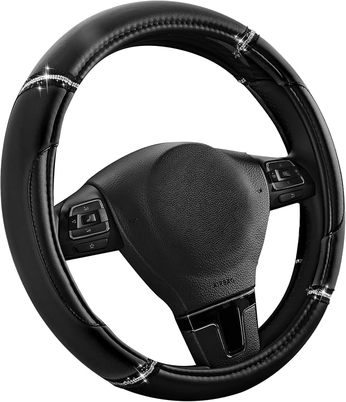 Leather Steering Wheel Cover - Made with PVC Leather - Anti-Slip, Universal Fit 14 1/2 inches to 15 inches - Black
