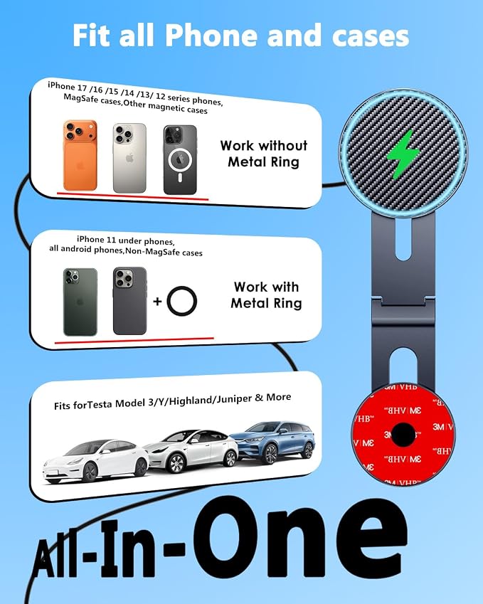 Tesla Phone Mount Charger: 15W Fast Charging Car Mount for Tesla Model 3/Y【Strongest Magnet & 100% Hidden】360° Adjustable Car Phone Holder for Magsafe iPhone & Android, Tesla Accessories, Carbon Fiber