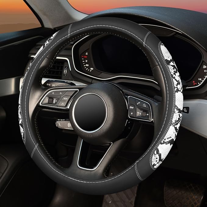 Snake Skin Leather Steering Wheel Cover,Black and White Animal Fur Car Accessory Steering Wheel Cover,Universal 14.5-15inch,Anti-Slip Car Steering Wheel Protector for Women Men