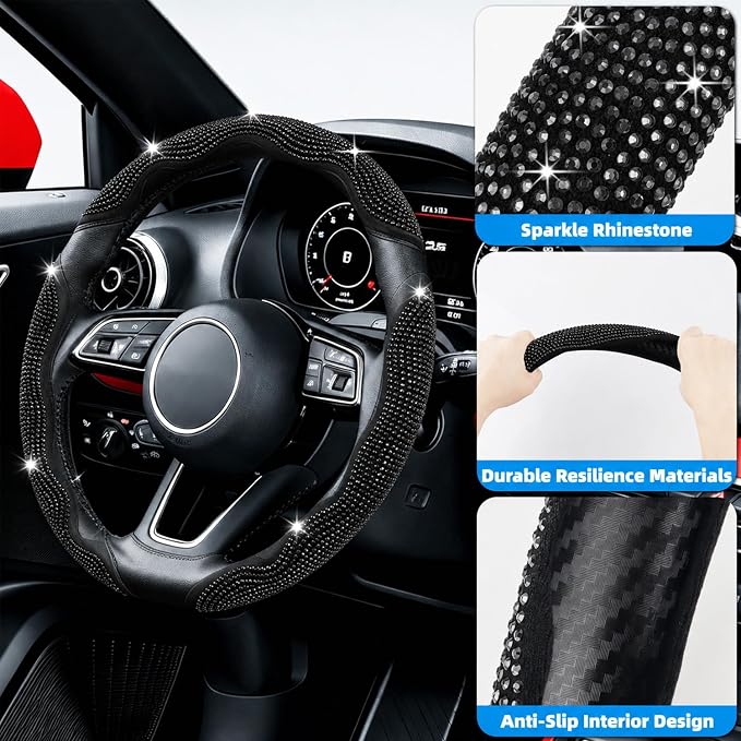 Bling Steering Wheel Cover for Women, 3PCS Crystal Rhinestone Car Steering Wheel Protector Covers, Sparkly Decoration for Most Steering Wheels, Bling Car Interior Accessories (Black Diamond)