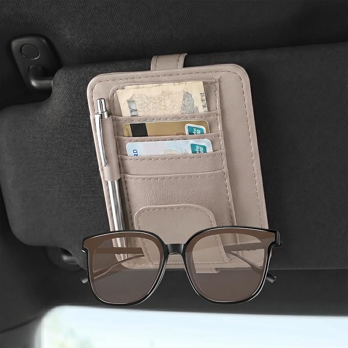 Sunglass Holder for Car Visor, Multi-Pocket Leather Car Sun Visor Organizer with Ticket Pens Card Clip, Sunglasses Holders,Suitable Eyeglasses,Car Accessories Keep Tidy (Grey)