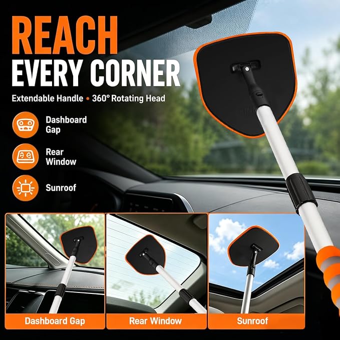 XINDELL Windshield Cleaner Tool, Extendable Car Window Cleaning Kit with 360° Rotating Head, Interior Exterior Glass Cleaner for Cars Trucks SUVs, 10PCS with 3 Pads, Towels, Brushes & Bag | 360° Head, Extendable Handle, 3 Pads, 2 Brushes, 3 Towels, Spr...