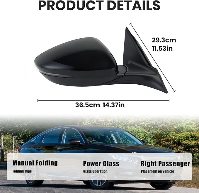 Right Passenger Side Mirror Compatible with 2018-2022 Honda Accord Power Glass | Heated | with Blind Spot | with Turn Signal | Manual Folding Repalces HO1321330 (8Pins-Black)