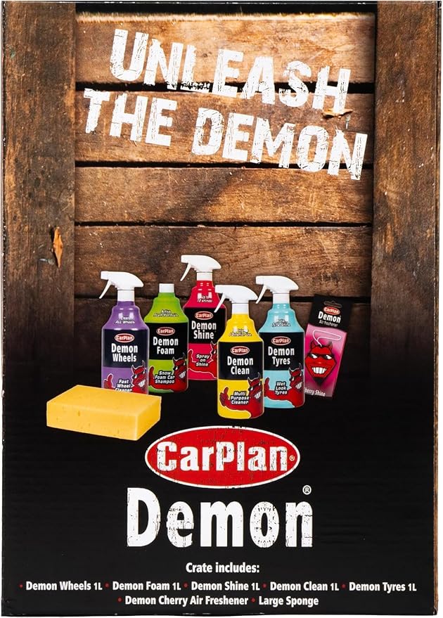 Demon Car Wash Kit - 7 Piece Set Includes Car Wash Soap, Wheel Cleaner, Tire Shine, Interior Cleaner, Demon Shine, Air Freshener & Sponge