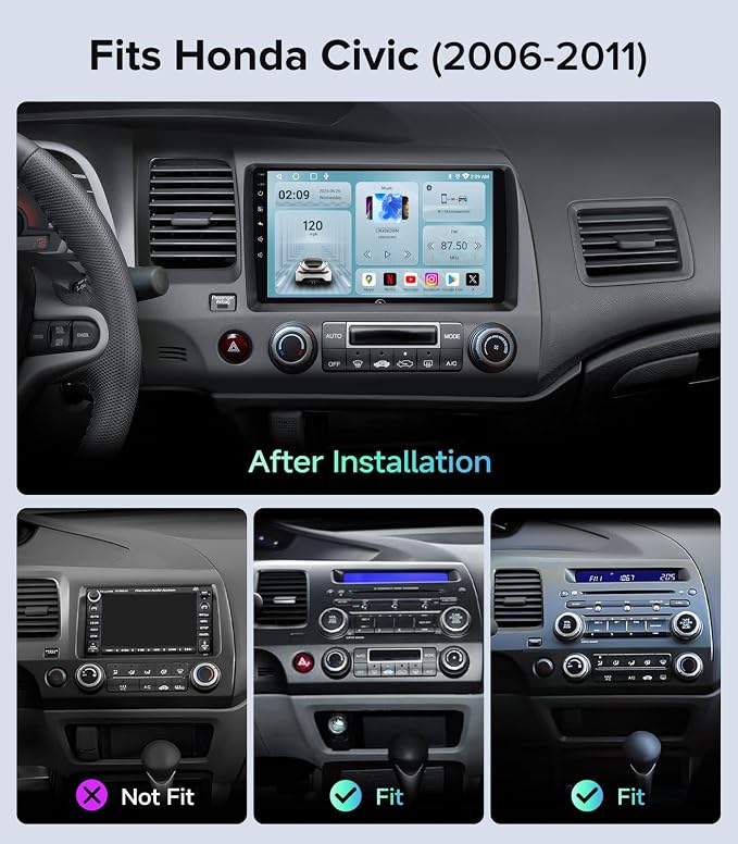 Car Radio Stereo for Honda Civic 2006-2011, Wireless CarPlay Android Auto | 9" IPS HD touchscreen, 64G storage, 5G WiFi GPS navigation, phone link, Bluetooth FM AM SWC, 1080P backup camera