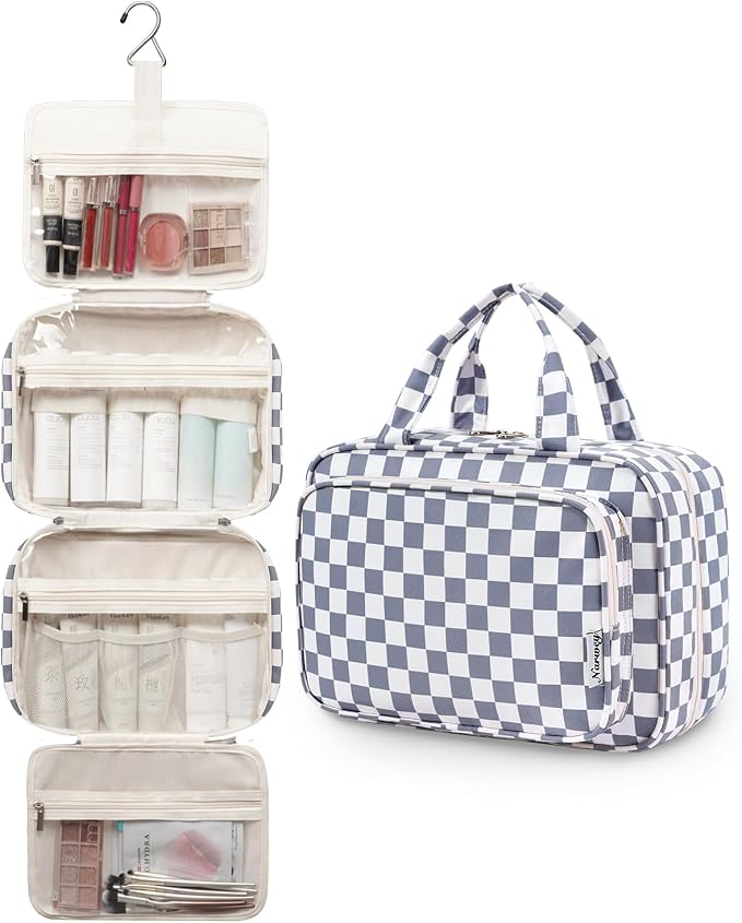 Travel Toiletry Bag for Women Large Hanging Makeup Bag Organizer Toiletries Bag for Full Size Essentials Accessories Cosmetics (Grayish Blue Checkerboard (Large))