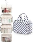 Travel Toiletry Bag for Women Large Hanging Makeup Bag Organizer Toiletries Bag for Full Size Essentials Accessories Cosmetics (Grayish Blue Checkerboard (Large))