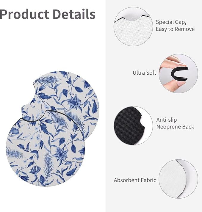 Blue Flowers Steering Wheel Cover 3Pcs Set 15" +2 Car Floral Coasters | Anti-Slip Breathable Neoprene, Universal 15" Fit, Blue Floral Pattern, Car Interior Decor, Cute for Men Women