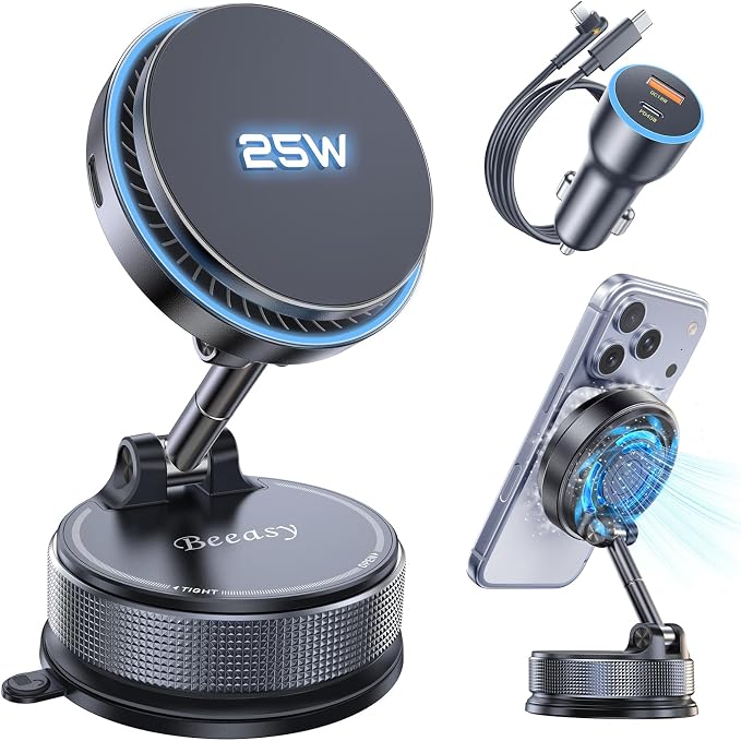 25W Qi2.2 MagSafe Car Mount Charger Built-in Cooling Fan, Upgraded Vacuum Suction Cup 360° Rotation, Magnetic Wireless Car Charger with 63W Adapter for iPhone 17 16 Pro Max Samsung S26 Ultra