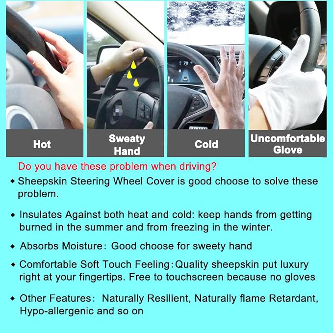 Fuzzy Wool Sheepskin car Steering Wheel Cover for Girls Women Men,Fluffy Soft Protector for Universal Steering Wheel 14 1/2-15 1/2inchs, Anti-Slip,Comforting Luxurious(Blue Grey)