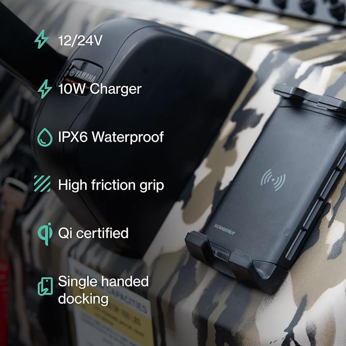 Active 15W Waterproof Wireless Charger Mount, IPX6 Rated, 12/24V Qi Fast Charging Phone Holder for Boats, RVs & ATVs, One-Hand Docking, Secure Grip, Universal Compatibility