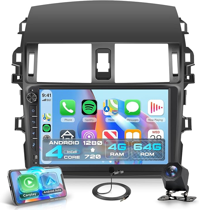 4G+64G Android Car Stereo for Toyota Corolla 2009-2013, 9 Inch Incell Touchscreen with Physical Buttons, Wireless CarPlay Android Auto GPS Bluetooth WiFi FM RDS EQ SWC Type-C Backup Camera