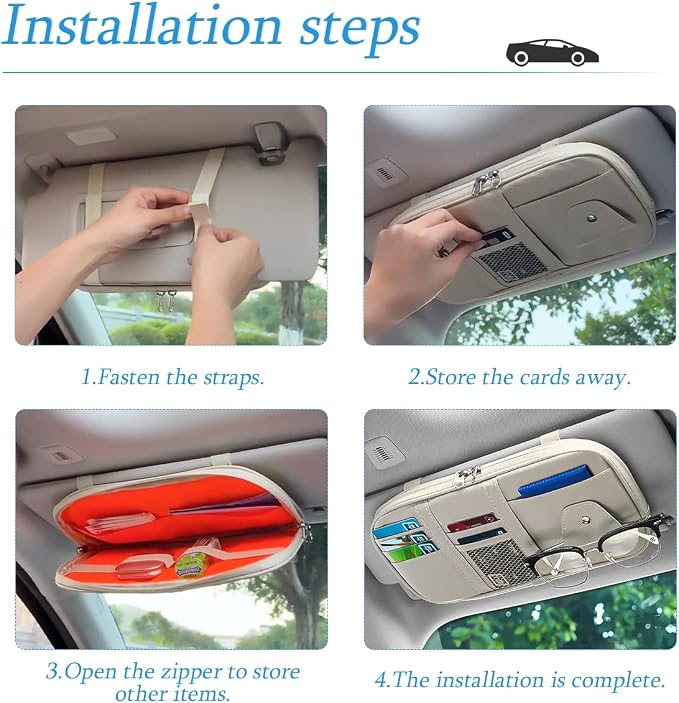 Car Sun Visor Organizer, Sunglass Holder and Storage Pocket, Card Cash Pouch with Multi-Pocket Net Zipper, Case Bag for License Pen Key, Auto Interior Accessories for Truck, SUV, Van (Red)