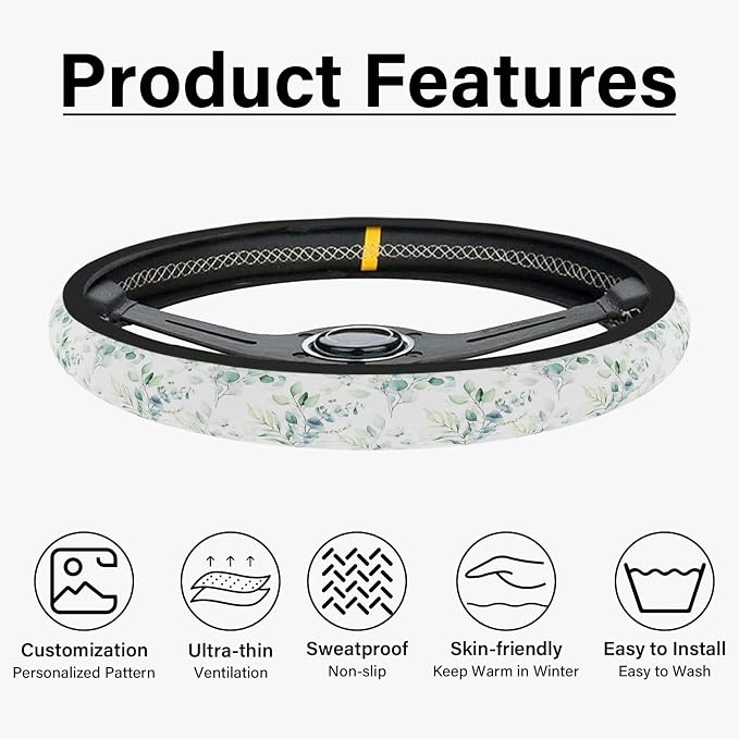 Leaf Steering Wheel Cover, Cute Print Steering Wheel Cover Protector, Ultra Thin Breathable Non-Slip, Car Accessories for Women, for Steering Wheel with a Diameter of 14.5"-15"