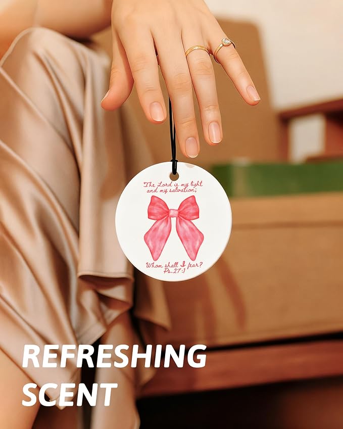 Pink Christian Round Car Air Freshener 4 Pcs, Coquette Pink Bow Bible Verse Religious Hanging Air Freshener for Cars Closet Drawer Books, Christian Girly Car Accessories Mirror Decor for Women
