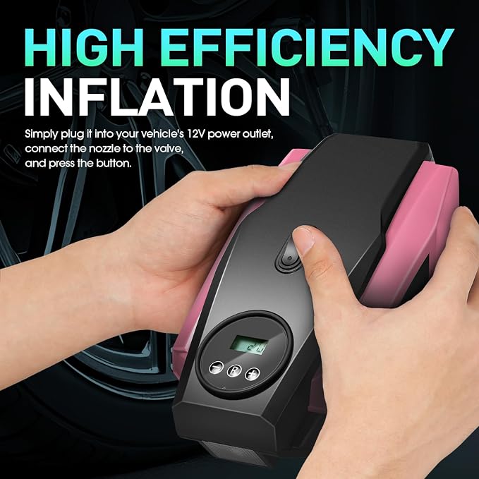 Tire Inflator Portable Air Compressor, 12V DC Air Pump for Car Tires, Bike, Motorcycle, Ball, Electric Bike Tire Pump with Pressure Gauge, LED Light, Auto Shut Off, Pink, TOOLS-00679-PK