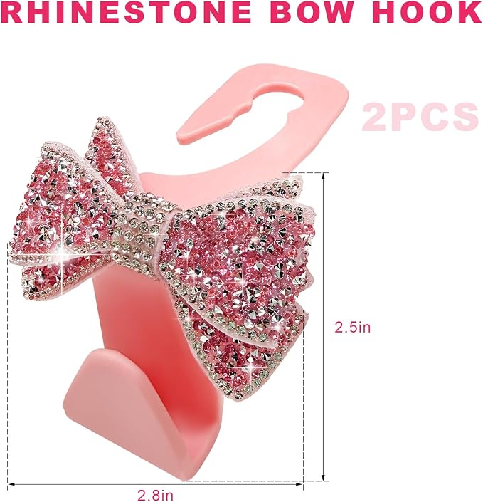 2PCS Bling Bow Car Seat Headrest Hooks, S-Type Crystal Auto Rear Seat Organizer for Handbags Purses Groceries, Cute Rhinestone Bow Seats Back Storage Hook for SUV Truck Sedan (Pink)