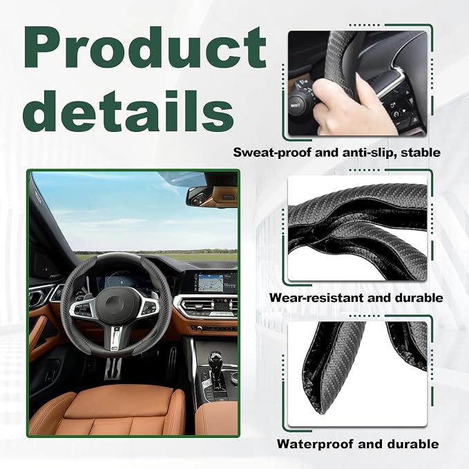 2pcs Carbon Fiber Anti-Skid Steering Wheel Cover, Anti-Skid Steering Wheel Cover/Segmented Steering Wheel Protector/Car Interior Accessories for Men/Women - Durable(Black)