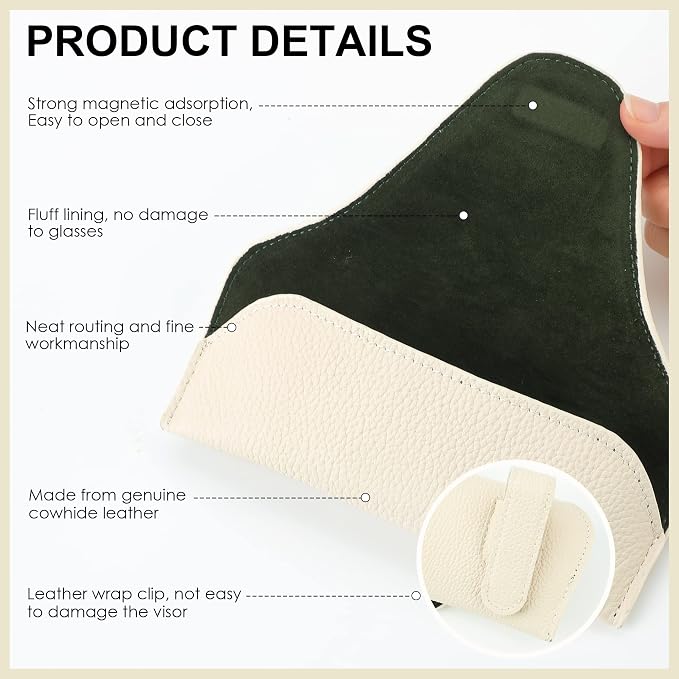 Magnetic Sunglass Holder for Car Visor, Leather Car Glasses Holder | Beige Visor Accessories Eyeglasses Holder Glasses Storage Case