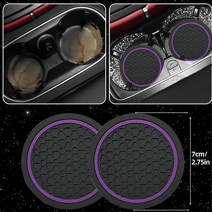 6 Pcs Purple Car Accessories Set, Sport Leather Steering Wheel Cover 14.5-15inch Universal, Leather Car Center Console Cover, Seat Belt Cushion, Cup Holder Coaster (Black-Purple)