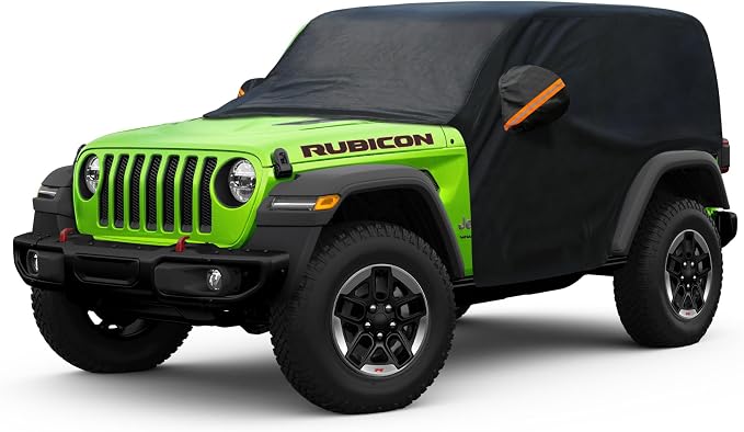 Half Car Cover Custom Fit for Jeep Wrangler 2 Door CJ YJ JK JL, Windshield Cover for Ice and Snow Top with Reflective Straps, Roof Cover Waterproof All Weather Dust, Sun Protection.