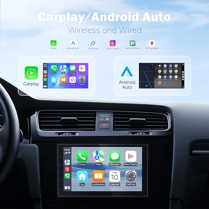 7 Inch Double Din Car Stereo with Wireless Apple CarPlay & Android Auto, Touchscreen Android Radio, Bluetooth Car Audio Receiver (No reversing Camera)
