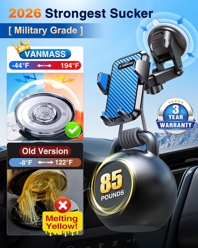 【85+LBS Strongest Suction & Military-Grade Ultimate Car Phone Mount【Patent & Safety Certs】 Cell Phone Holder for Dash Windshield Vent for iPhone 17 Pro Max Automobile Accessory Kits,Light Blue