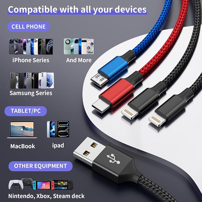 Travel 4 in 1 Multi Charging Cable with Dual IP/Type C/Micro USB, 2Packs 5FT Car Accessories iPhone Charger Cord for Multiple Devices, Universal USB Cable for iPhone17-8/iPads/Tablets and More