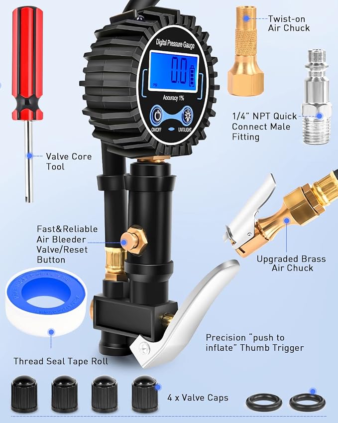 50057A Digital Tire Inflator Deflator with Pressure Gauge 250 PSI Air Chuck and Compressor Accessories with Rubber Hose and Quick Connect Coupler for 0.1 Display Resolution