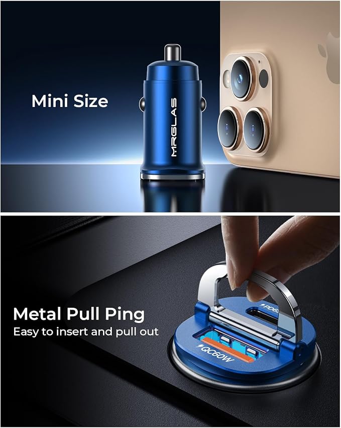 【Upgraded】 125W USB C Car Charger Super Fast Charging for iPhone 16, [PD65W & QC60W][All Metal] Cigarette Lighter Car Charger,Dual Port for iPhone 16 15 Pro iPad Samsung S25 S24 MacBook-Blue