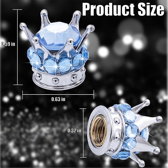 4PCS Crown Bling Tire Stem Valve Caps, Crystal Diamond Car Wheel Tire Valve Caps Universal Copper Core Stem Covers for Cars, SUV, Trucks, Bikes, Motorcycles, Bicycles (Silver & Blue)