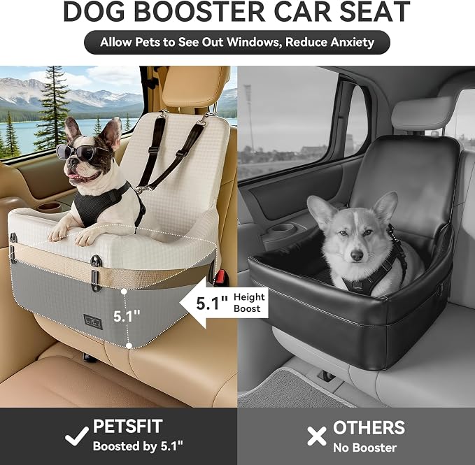 Dog Booster Car Seat for Small/Medium Dogs Up to 35 lbs – Patented Safety System, 5" Memory Foam Pet Car Seat, Fully Detachable and Washable Cover, Front/Back Seat Travel Booster (Beige)