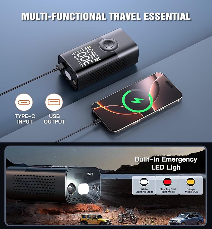 Tire Inflator Portable Air Compressor Portable Cordless Mini Air Pump with Digital Pressure Gauge Inflater 150PSI 3X Fast Inflation Auto Shutoff Large Battery Tires Pump for Cars Motors Bikes Balls