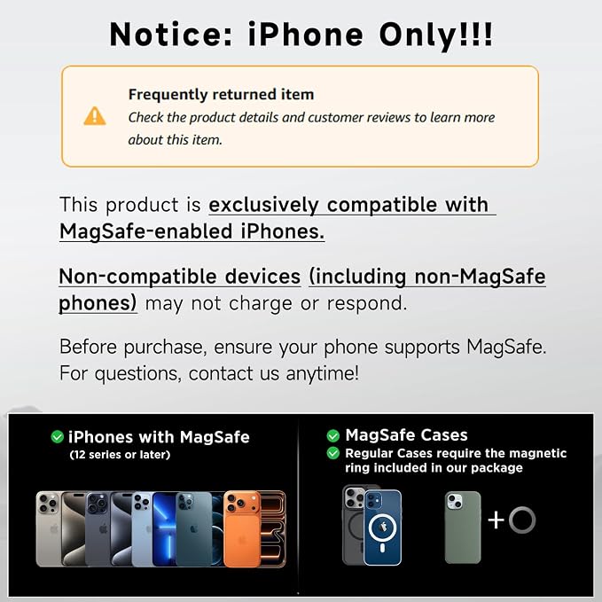 15W Only for iPhone MagSafe Car Mount Charger, 360% Adjustable Aluminum Alloy Arm, Relocatable Car Phone Holder, Magnetic Wireless Fast Charging, Cell Phone Holder for All Car Models, Black