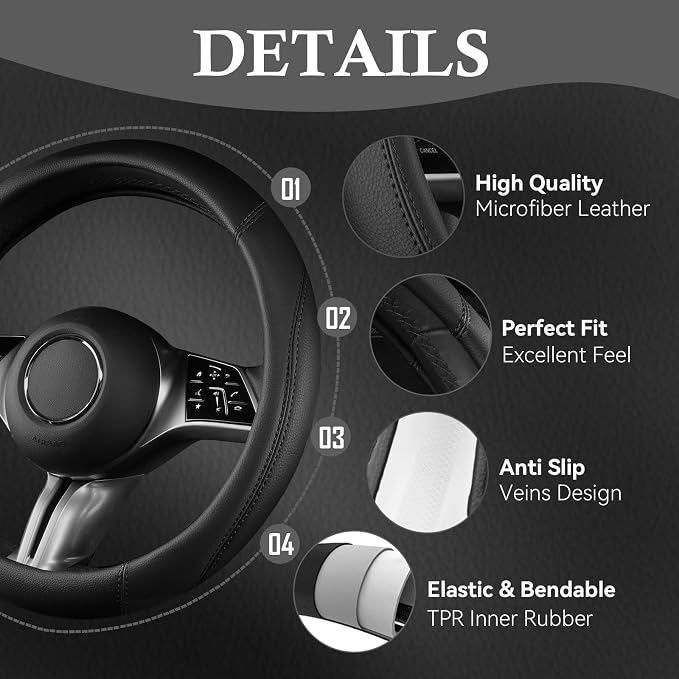 Microfiber Leather Steering Wheel Cover and Waterproof Car Floor Mats,Universal Car Combo Fit for 95% Sedan,SUV,Cars,14.5-15inch Anti-Slip Safety Comfortable Faux Leather Design(Solid Black)