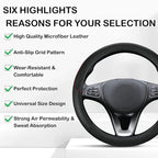 Leather Patchwork Black Steering Wheel Cover, 14.5-15 Inch Non-Slip Breathable Microfiber Car Steering Wheel Protector