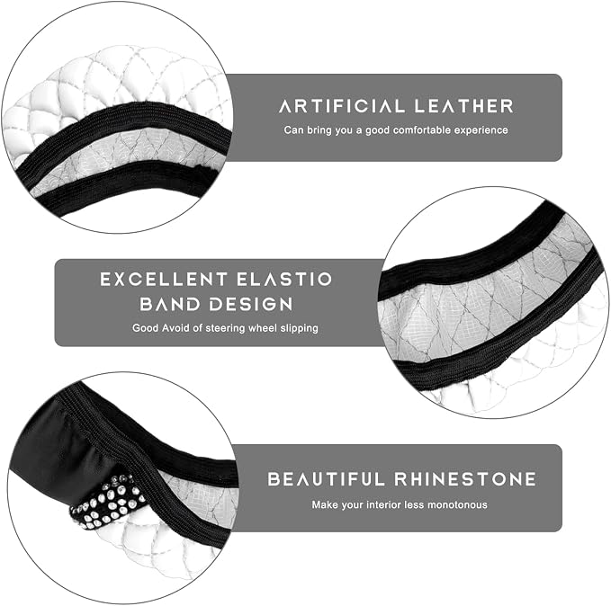 Bling Car Steering Wheel Cover, 15 Inch Sparkly Rhinestone Soft Leather Steering Wheel Protector, Non-Slip Universal Auto Elastic Steering Wheel Covers for Women Girls (White)