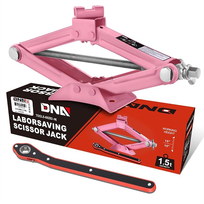 Scissor Jack for Car - 1.5 Ton (3,306 lbs) Car Jack Kit with Labor-Saving Ratchet Wrench for Cars, SUV, Sedans, 4'' - 15.2'' Lifting Range, Pink, TOOLS-00282-PK