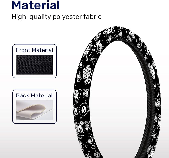 Black Pirate Cartoon Steering Wheel Cover, Polyester Car Wheel Grip, Universal 15 Inch for Cars SUVs Trucks
