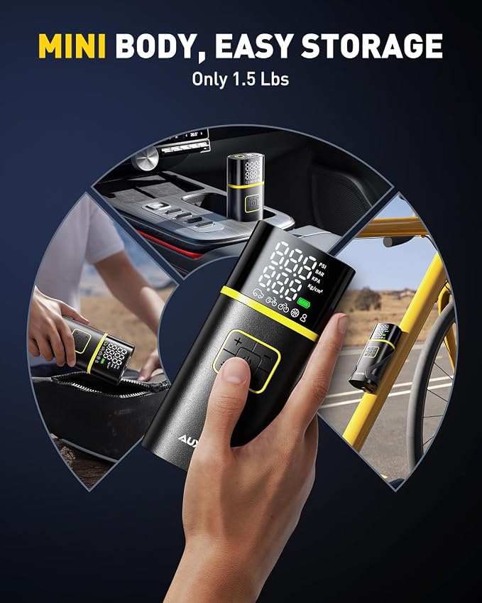 Tire Inflator Portable Air Compressor - 150PSI Bike Pump 1Min Fast Inflate with Tire Pressure Gauge, 5200 mAh, LED Light, Car Accessories Air Pump for Auto, Moto, Bike Car Gifts for Men