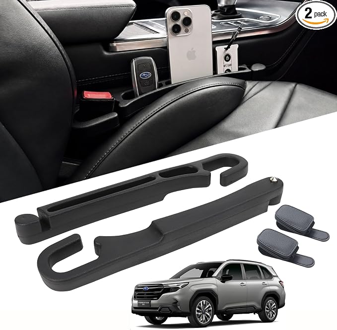 2-Pack Car Seat Gap Filler Compatible with Subaru Outback, Forester, Crosstrek, Ascent & Solterra Accessories, Seat Gap Organizer with Emergency Glass Breaker & 2 Sunglasses Holders, Black