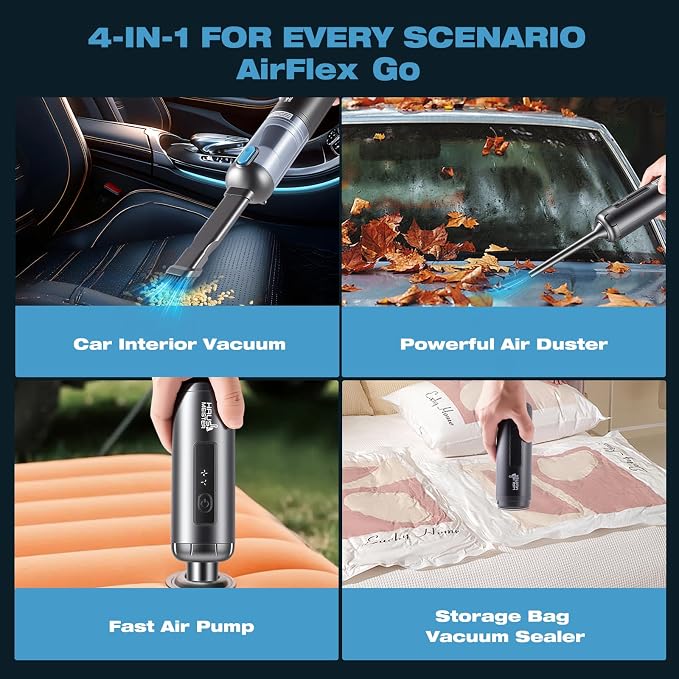 Airflex Go Cordless Car Vacuum 16000Pa, 4-in-1 Handheld Vacuum with Air Duster & Inflator, Portable Mini Vac for Car Detailing, Pet Hair, Keyboard Cleaning (Black)