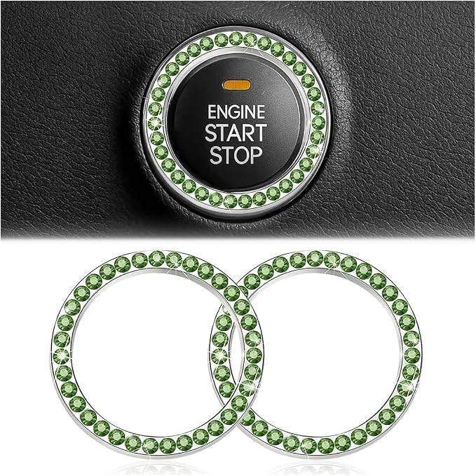 Bling Car Engine Start Ring Decals, 2PCS Crystal Rhinestone Vehicle Push Start Button Cover Sticker, Key Ignition Knob Ring, Sparkling Automotive Interior Accessories (Cyan)