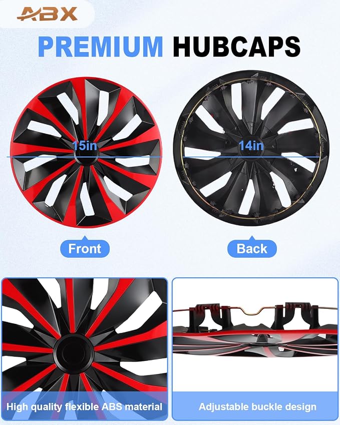Hubcaps,15 inch hubcaps Set of 4, Wheel Rim Cover ABS Material, Snap On Car Truck SUV Replacement, for Toyota Camry Nissan Mazda etc, Black & Red