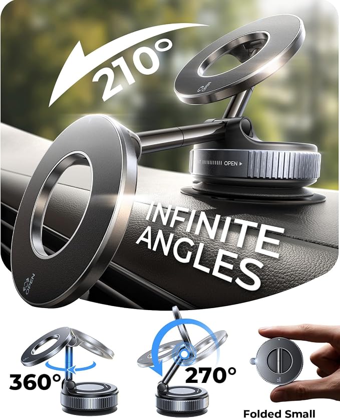 2026 Upgraded 2-Pack for MagSafe Vacuum Car Phone Mount, 2800gf Strong Magnetic Phone Holders for Your Car, 360° Adjustable 98LBS Suction Cup Car Mount, for iPhone 12–17 Pro Max