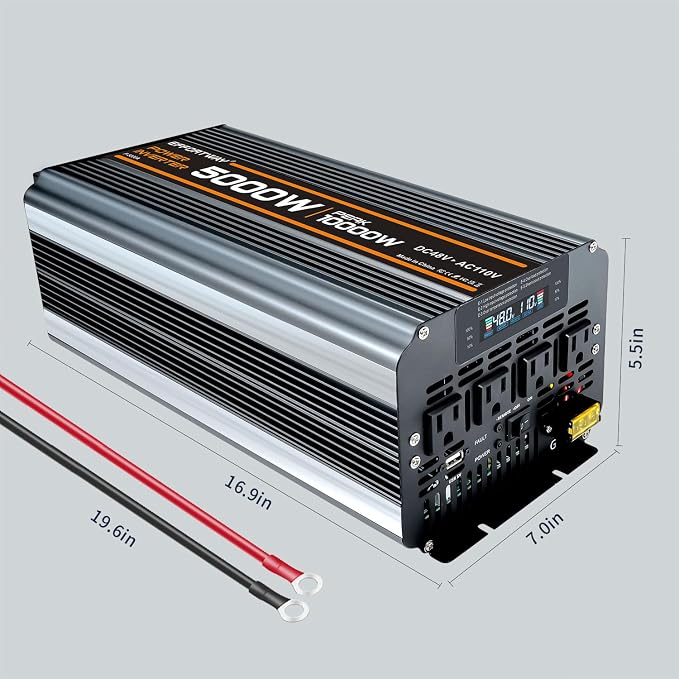 Power Inverter DC 48V to AC 110V/120V Converter with LCD Display, Wireless Controller, Cable Pair,AC outlets USB.RV Travel,Suitable for Camping,and Off-Grid Solar Systems (5000w -48v)