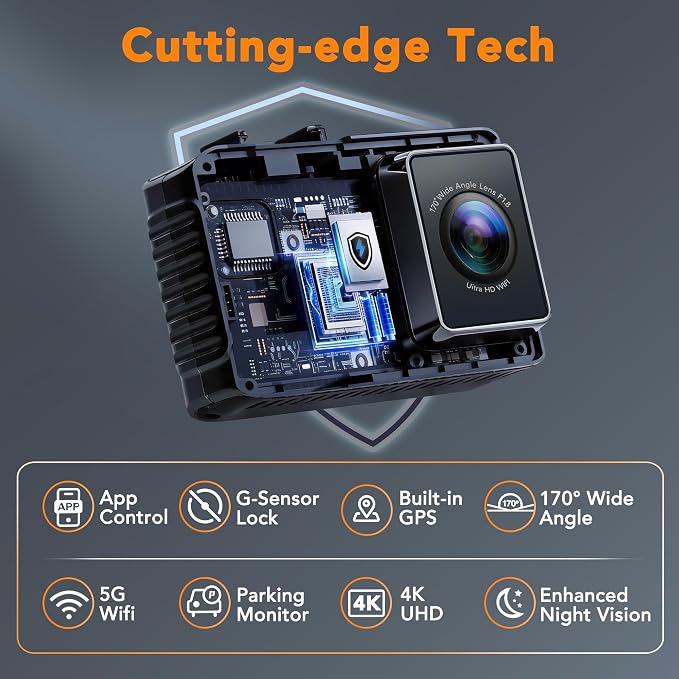 4K Dash Cam Front and Rear, STARVIS 2 Night Vision, Free 64GB Card, 5GHz WiFi with App, Built-in GPS, Dash Camera for Cars 170° Wide Angle, 3" IPS Screen, Loop Recording, 24H Parking Monitor