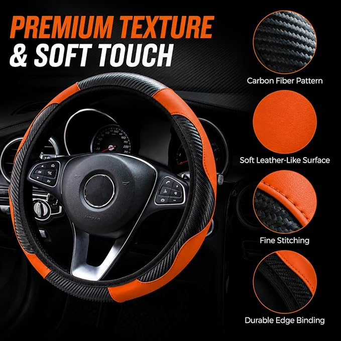 Car Steering Wheel Cover 15 inch, Microfiber PU Leather Elastic Steering Wheel Protector, Anti-Slip Breathable Car Interior Accessories for Most Cars (Orange)