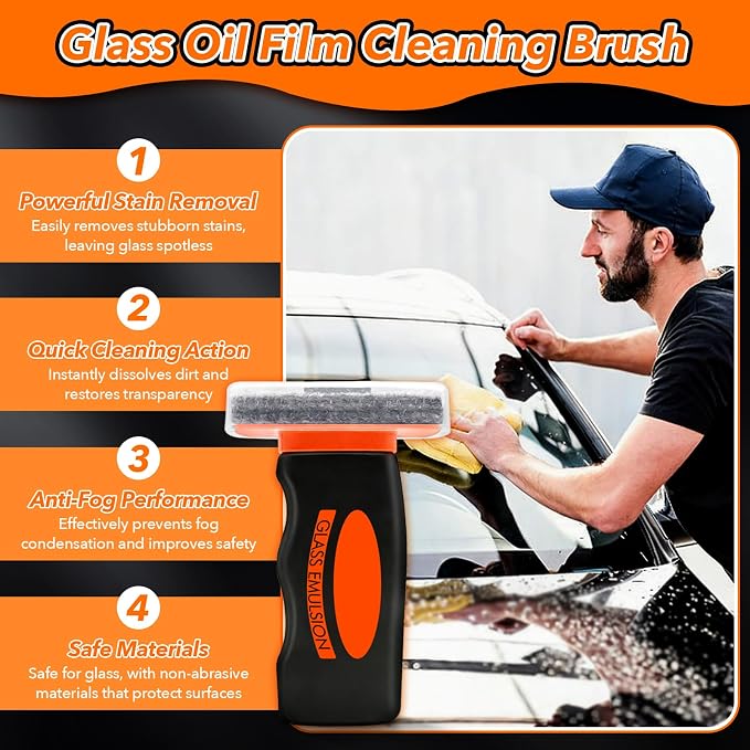 Glass Emulsion Cleaner Oil Film Cleaning Brush, Removes Oil Film & Smudges, Anti-Rain & Anti-Fog, Windshield Cleaner for Clear Driving Visibility