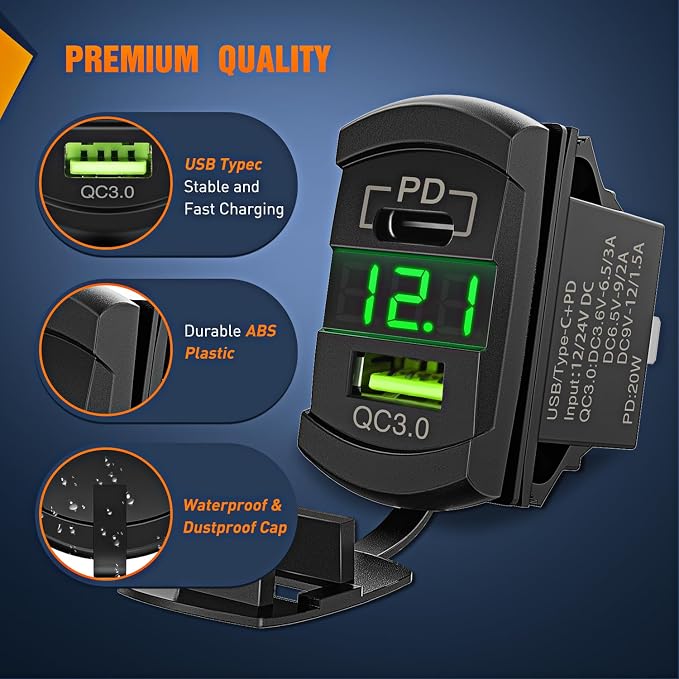 Rocker Switch Style USB Outlet LED Voltmeter Quick Connector 12V PD Type C and USB QC 3.0 Cars Replacement with Inline Fuse for Switches Panel on Boats RV Truck Car